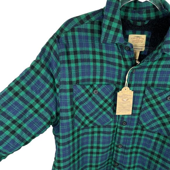 Telluride Clothing Co Flannel Jacket Green Navy Blue Large Sherpa Lined New - Picture 8 of 11